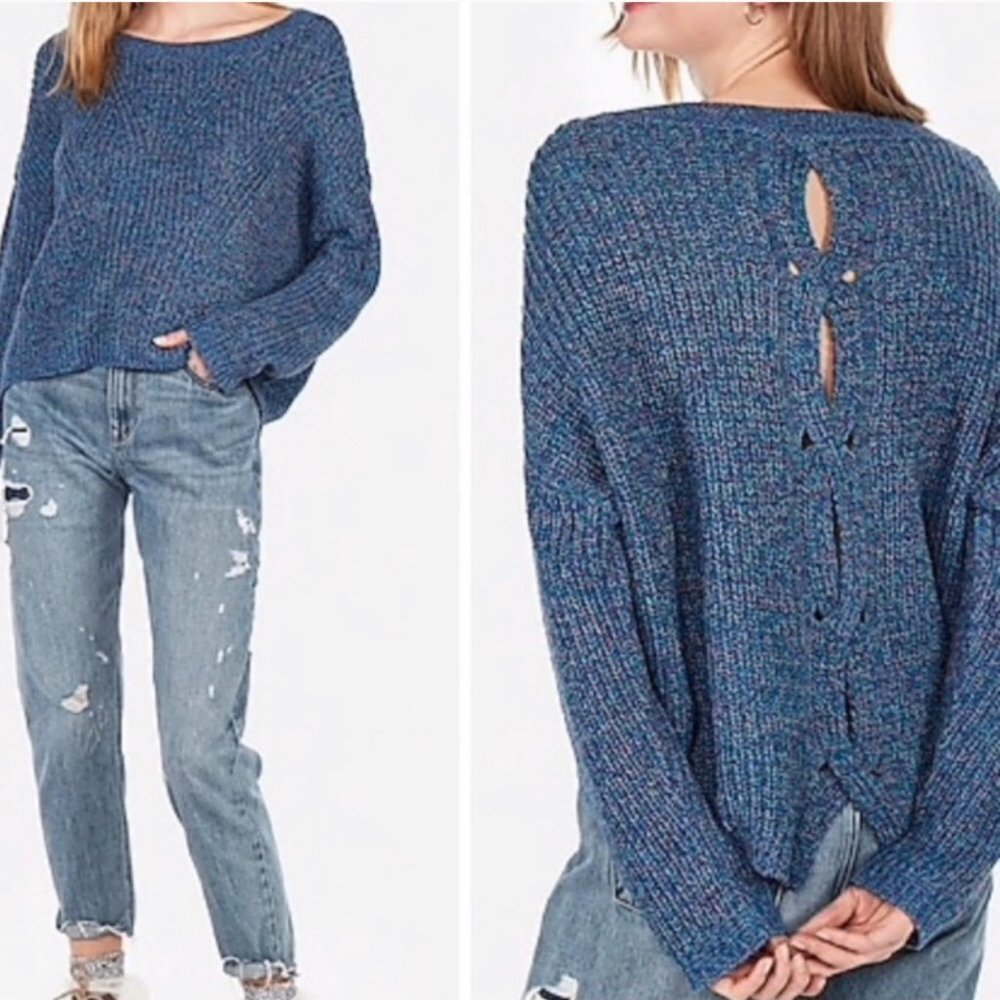 Blue Sweater w multi-colored print & cut out back